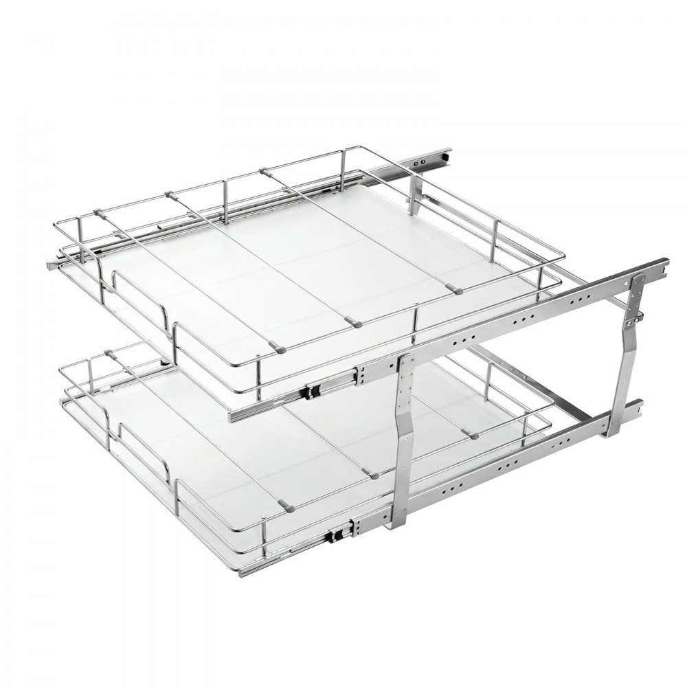 VEVOR 2 Tier Pull Out Cabinet Organizer 16.97"W x 21.22"D Slide Out Drawers, for Kitchen Bathroom Pantry Organization, Chrome-Plated Finish, Heavy Duty Steel Storage Sliding Shelves for Base Cabinets