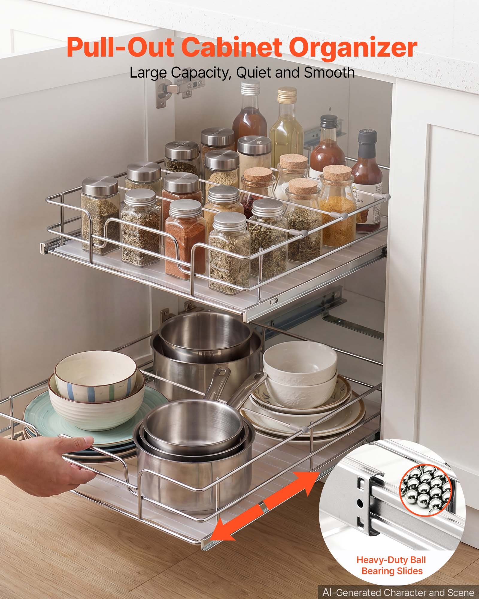 VEVOR 2 Tier Pull Out Cabinet Organizer 16.97"W x 21.22"D Slide Out Drawers, for Kitchen Bathroom Pantry Organization, Chrome-Plated Finish, Heavy Duty Steel Storage Sliding Shelves for Base Cabinets