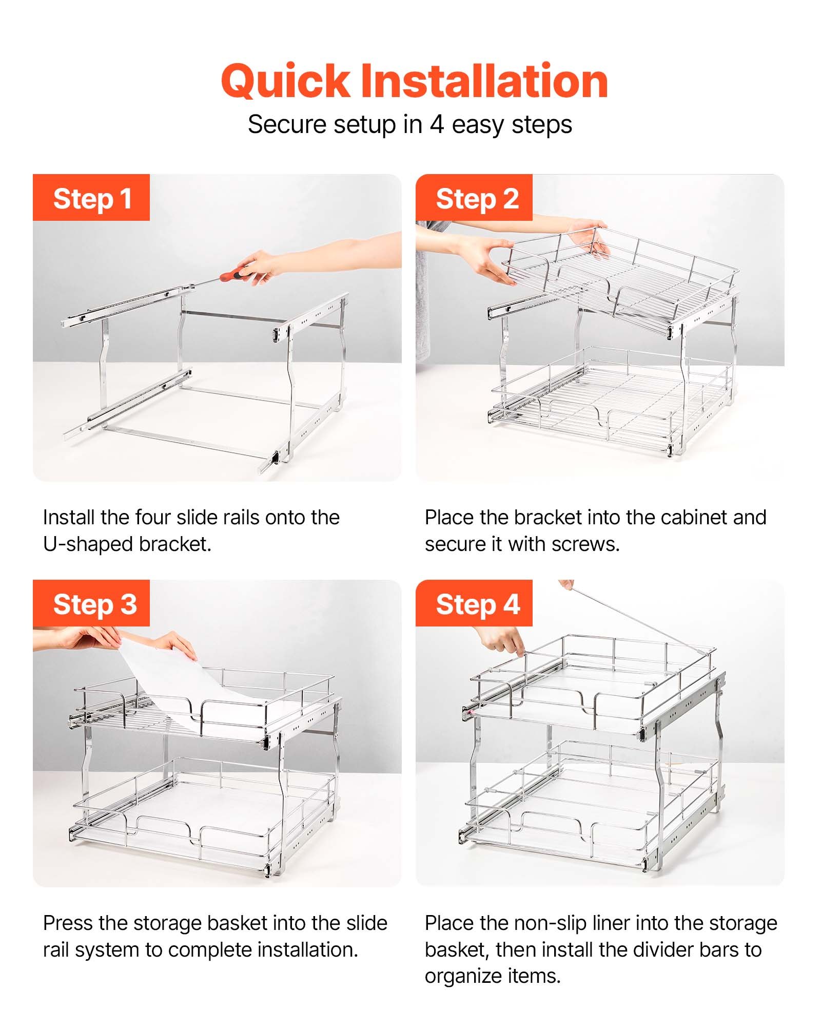 VEVOR 2 Tier Pull Out Cabinet Organizer 16.97"W x 21.22"D Slide Out Drawers, for Kitchen Bathroom Pantry Organization, Chrome-Plated Finish, Heavy Duty Steel Storage Sliding Shelves for Base Cabinets