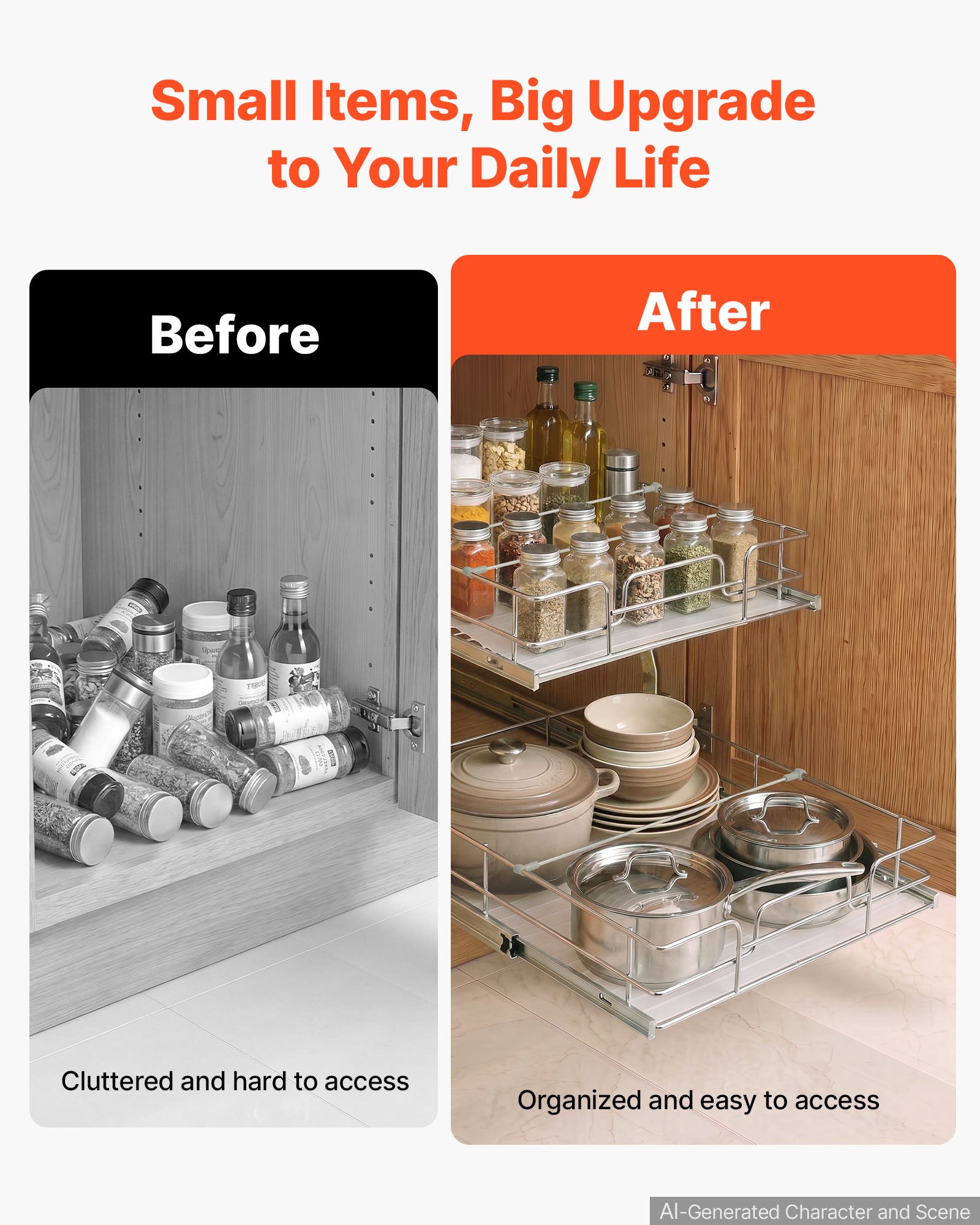 VEVOR 2 Tier Pull Out Cabinet Organizer 16.97"W x 21.22"D Slide Out Drawers, for Kitchen Bathroom Pantry Organization, Chrome-Plated Finish, Heavy Duty Steel Storage Sliding Shelves for Base Cabinets