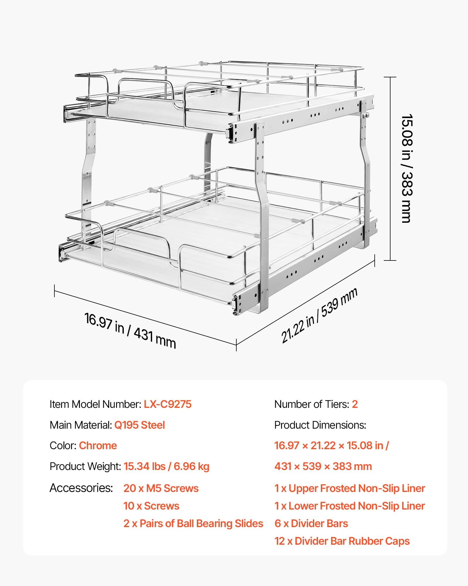 VEVOR 2 Tier Pull Out Cabinet Organizer 16.97"W x 21.22"D Slide Out Drawers, for Kitchen Bathroom Pantry Organization, Chrome-Plated Finish, Heavy Duty Steel Storage Sliding Shelves for Base Cabinets