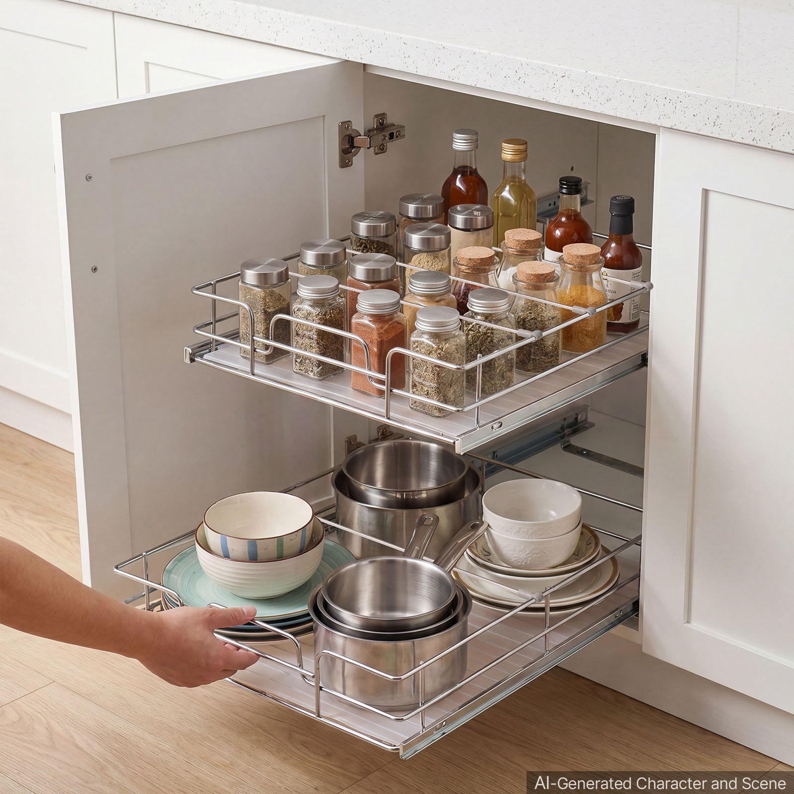 VEVOR 2 Tier Pull Out Cabinet Organizer 16.97"W x 21.22"D Slide Out Drawers, for Kitchen Bathroom Pantry Organization, Chrome-Plated Finish, Heavy Duty Steel Storage Sliding Shelves for Base Cabinets
