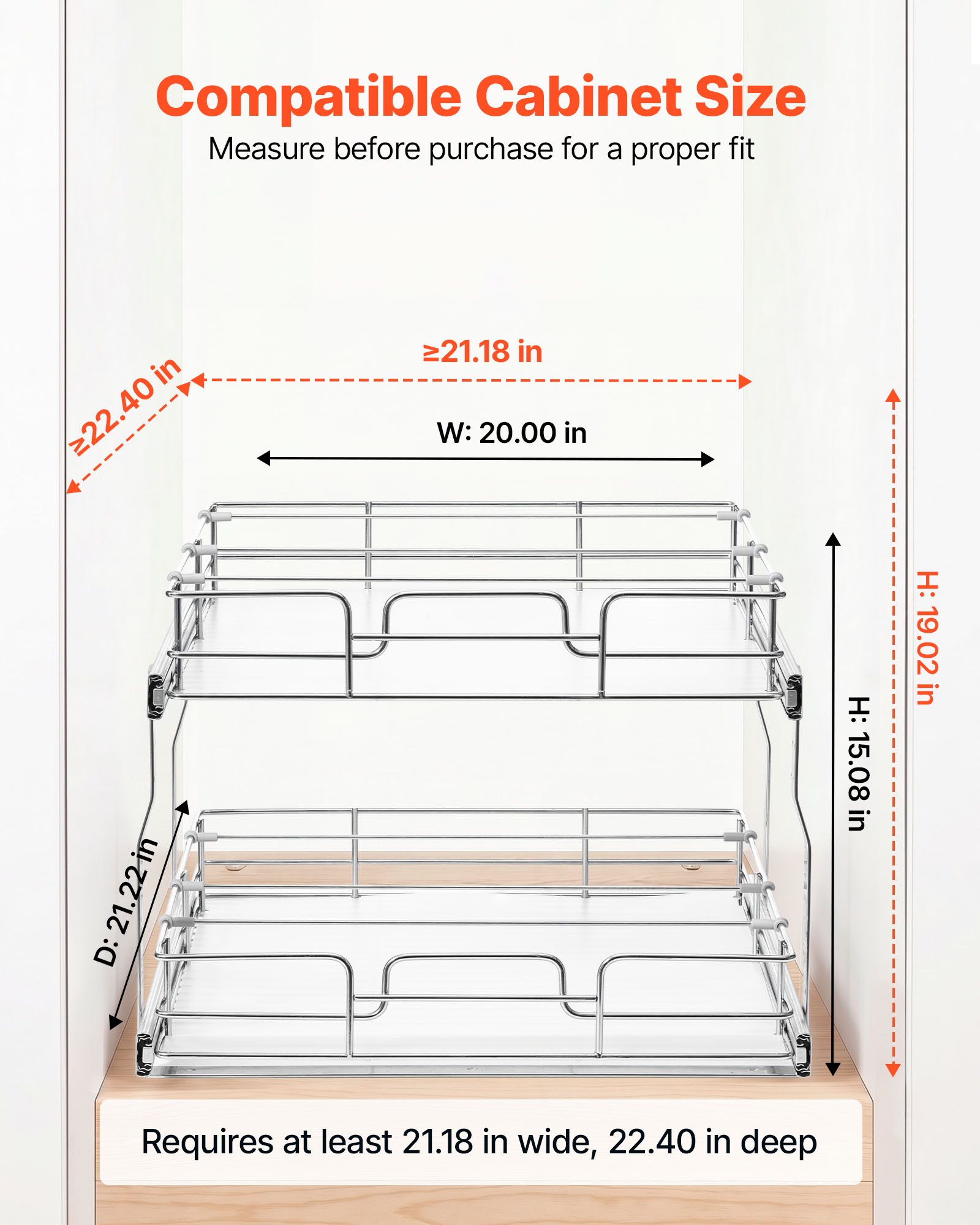 VEVOR 2 Tier Pull Out Cabinet Organizer 20"W x 21.22"D Slide Out Drawers, for Kitchen Bathroom Pantry Organization, Chrome-Plated Finish, Heavy Duty Steel Storage Sliding Shelves for Base Cabinets