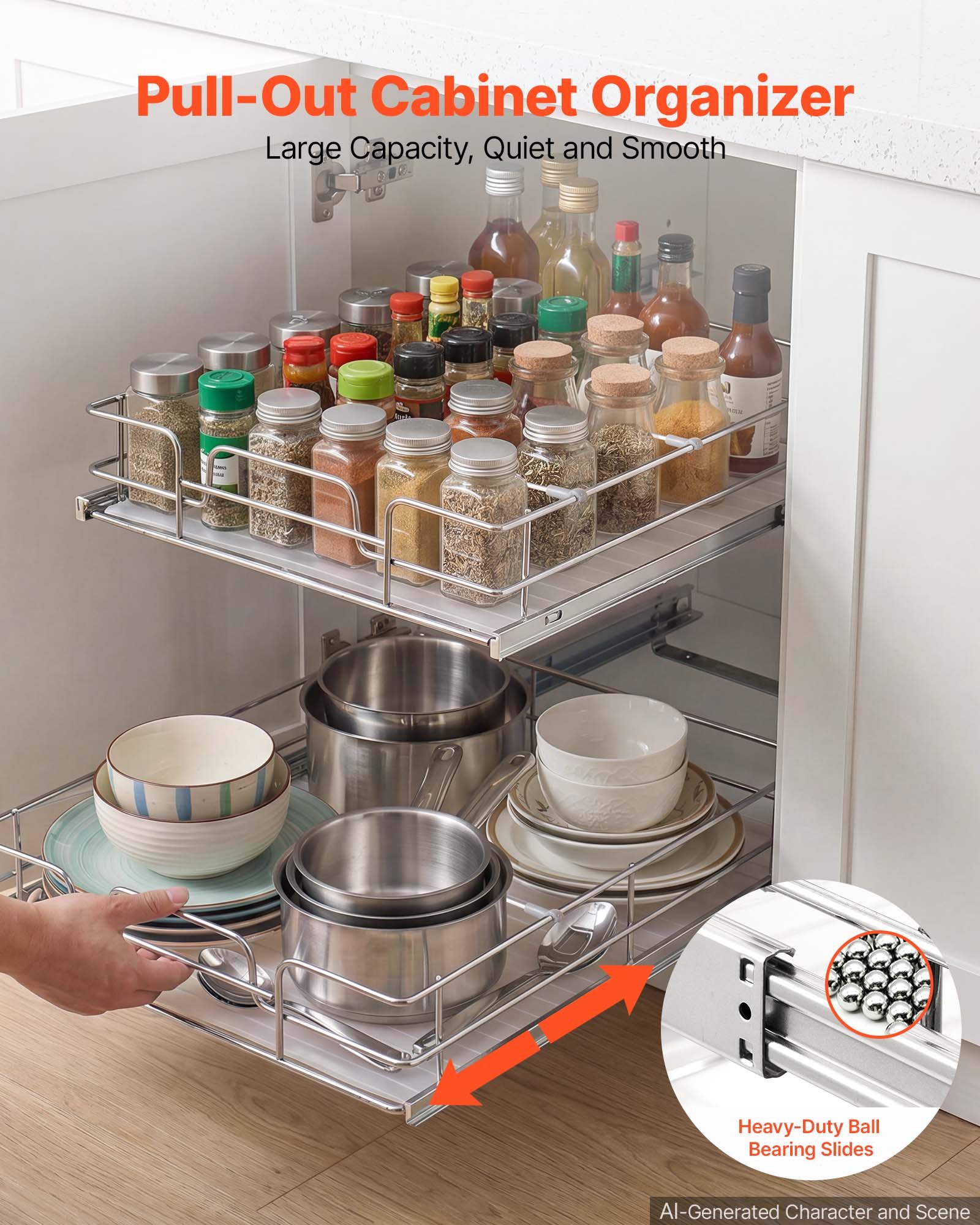 VEVOR 2 Tier Pull Out Cabinet Organizer 20"W x 21.22"D Slide Out Drawers, for Kitchen Bathroom Pantry Organization, Chrome-Plated Finish, Heavy Duty Steel Storage Sliding Shelves for Base Cabinets