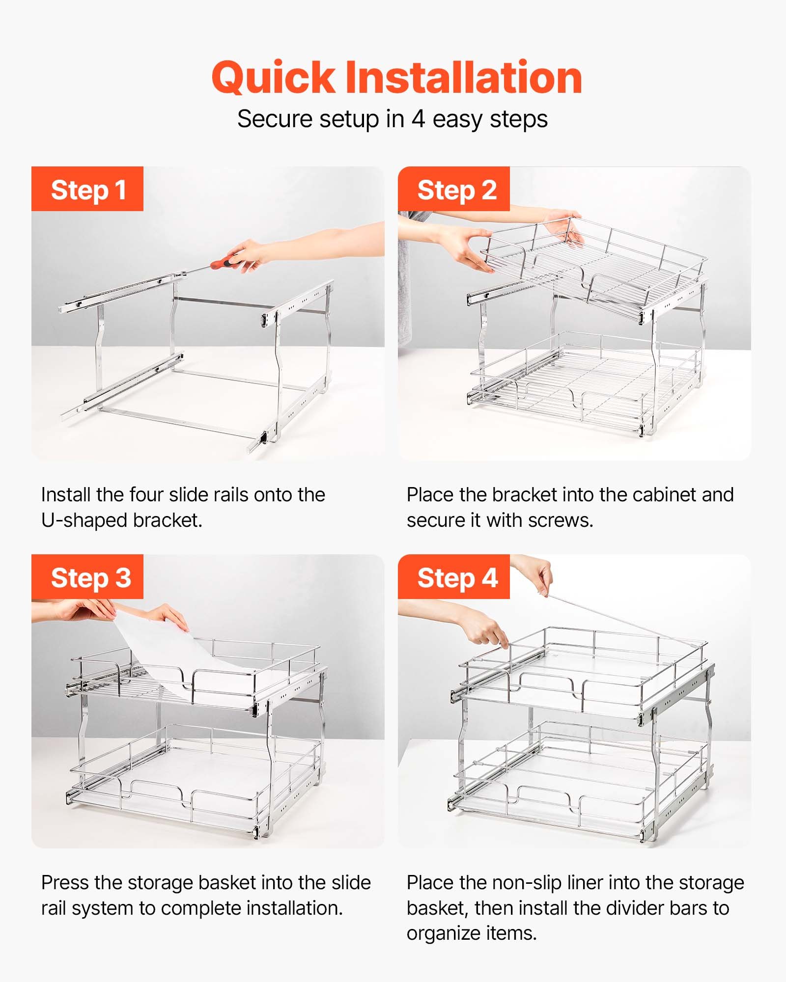 VEVOR 2 Tier Pull Out Cabinet Organizer 20"W x 21.22"D Slide Out Drawers, for Kitchen Bathroom Pantry Organization, Chrome-Plated Finish, Heavy Duty Steel Storage Sliding Shelves for Base Cabinets