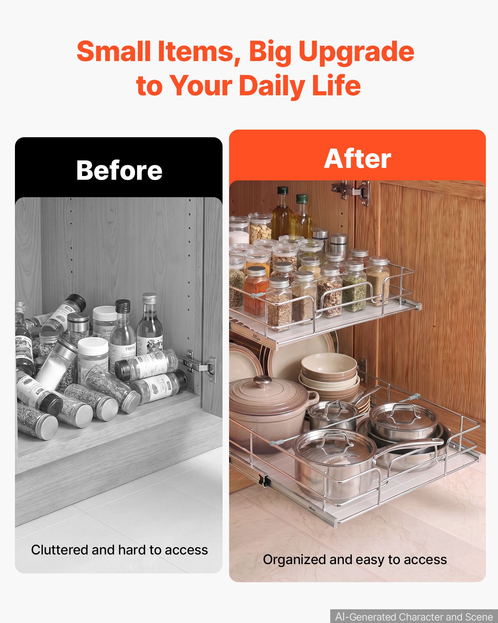 VEVOR 2 Tier Pull Out Cabinet Organizer 20"W x 21.22"D Slide Out Drawers, for Kitchen Bathroom Pantry Organization, Chrome-Plated Finish, Heavy Duty Steel Storage Sliding Shelves for Base Cabinets