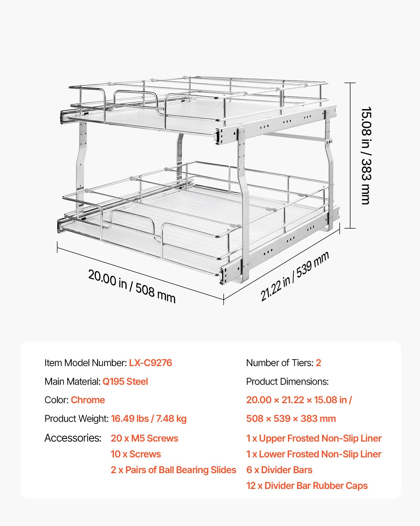 VEVOR 2 Tier Pull Out Cabinet Organizer 20"W x 21.22"D Slide Out Drawers, for Kitchen Bathroom Pantry Organization, Chrome-Plated Finish, Heavy Duty Steel Storage Sliding Shelves for Base Cabinets