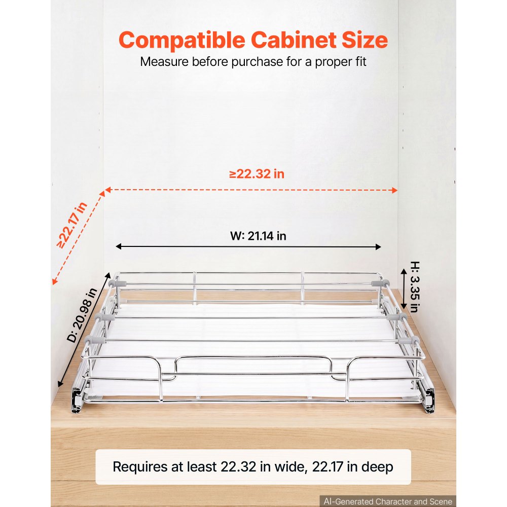VEVOR Pull Out Cabinet Organizer 21.14"W x 20.98"D Steel Slide Out Drawers, for Kitchen Bathroom Pantry Home Organization, Chrome-Plated Finish, Heavy Duty Storage Sliding Shelves for Base Cabinets