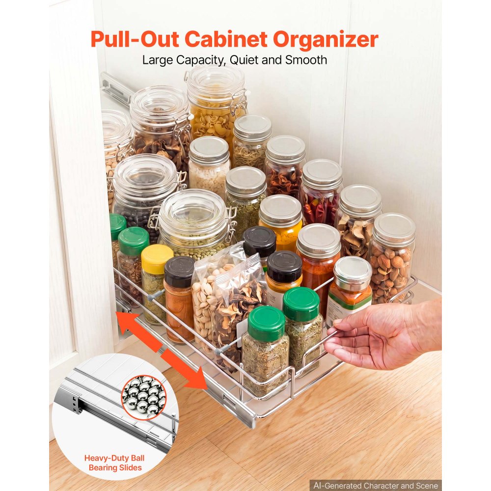 VEVOR Pull Out Cabinet Organizer 21.14"W x 20.98"D Steel Slide Out Drawers, for Kitchen Bathroom Pantry Home Organization, Chrome-Plated Finish, Heavy Duty Storage Sliding Shelves for Base Cabinets