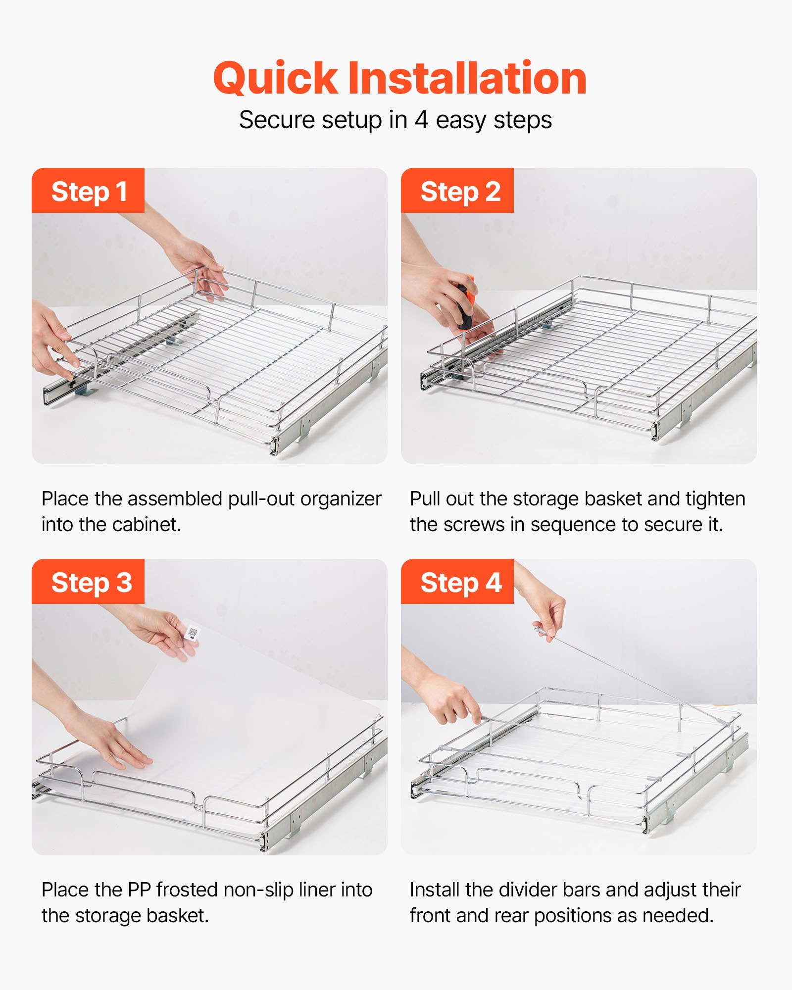VEVOR Pull Out Cabinet Organizer 21.14"W x 20.98"D Steel Slide Out Drawers, for Kitchen Bathroom Pantry Home Organization, Chrome-Plated Finish, Heavy Duty Storage Sliding Shelves for Base Cabinets