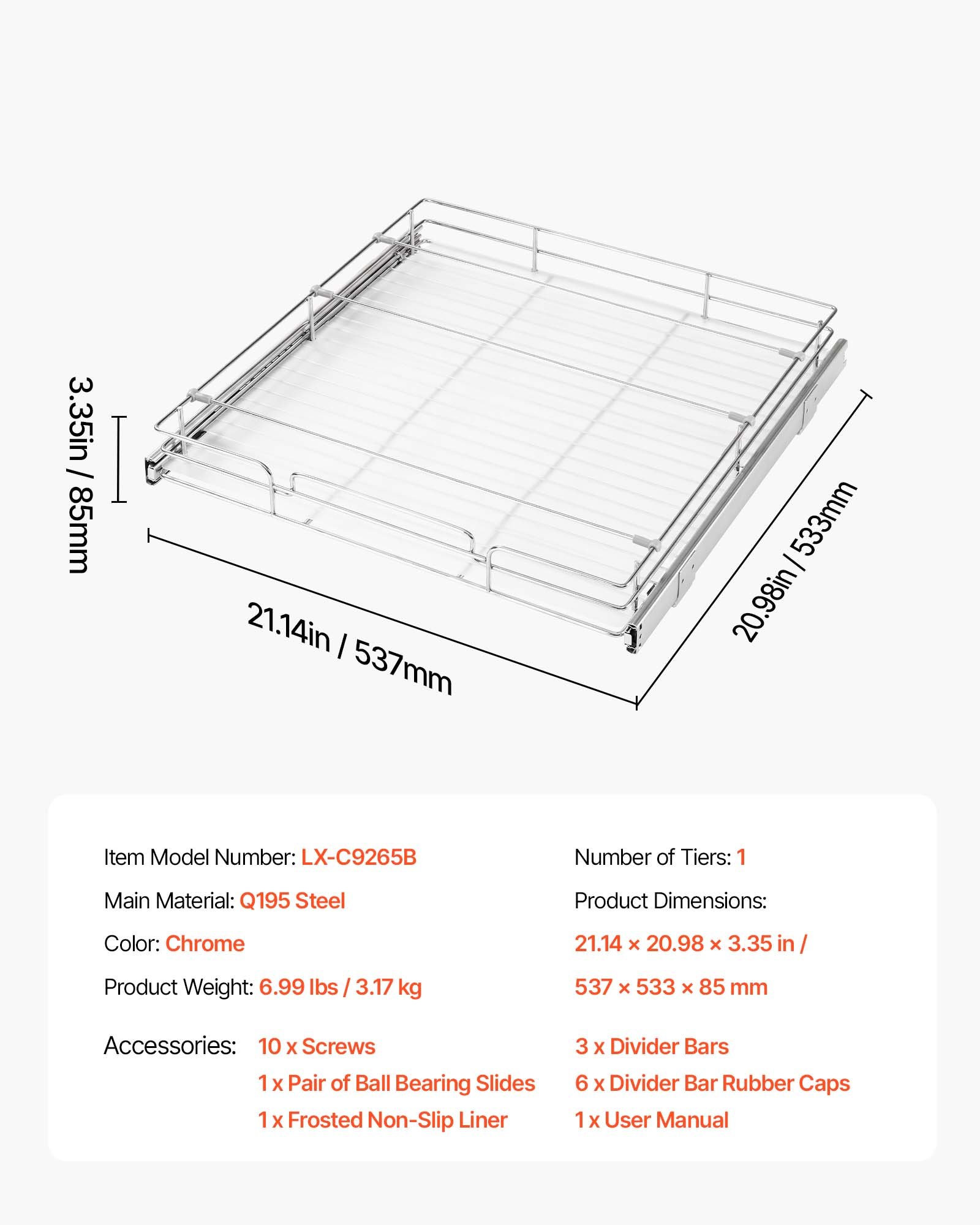 VEVOR Pull Out Cabinet Organizer 21.14"W x 20.98"D Steel Slide Out Drawers, for Kitchen Bathroom Pantry Home Organization, Chrome-Plated Finish, Heavy Duty Storage Sliding Shelves for Base Cabinets