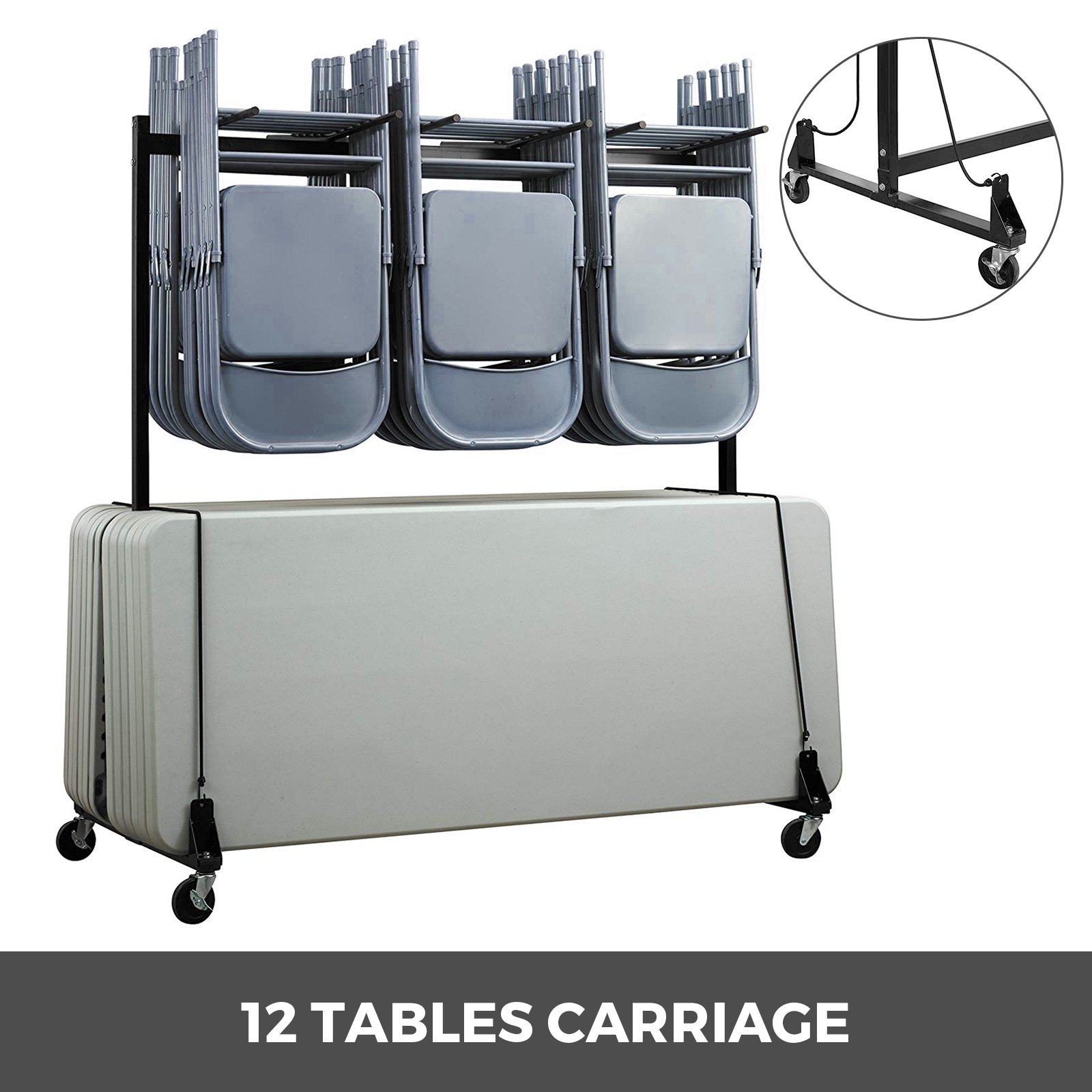 Folding Chair Rack Dolly Cart W/Locking Casters Max 25 Chairs 12 Tables Hanging