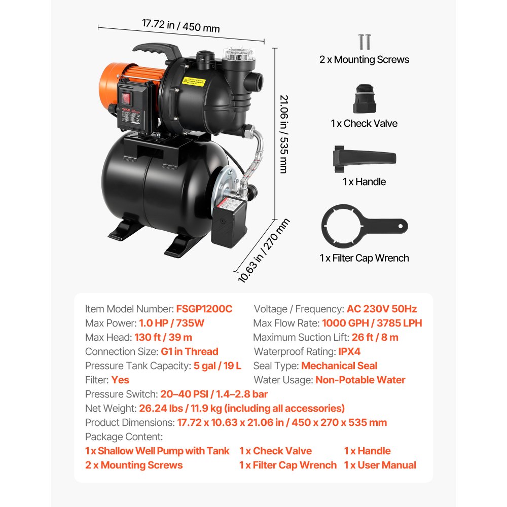 VEVOR 735W Shallow Well Pump with Pressure Tank, 3785 LPH, Irrigation Jet Pump with 19L Tank, Filter, Check Valve, Automatic Water Booster System, 1.4-2.8 bar Pressure Switch, for Home Garden Lawn