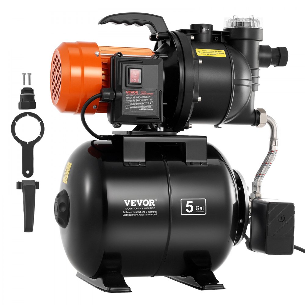VEVOR 735W Shallow Well Pump with Pressure Tank, 3785 LPH, Irrigation Jet Pump with 19L Tank, Filter, Check Valve, Automatic Water Booster System, 1.4-2.8 bar Pressure Switch, for Home Garden Lawn
