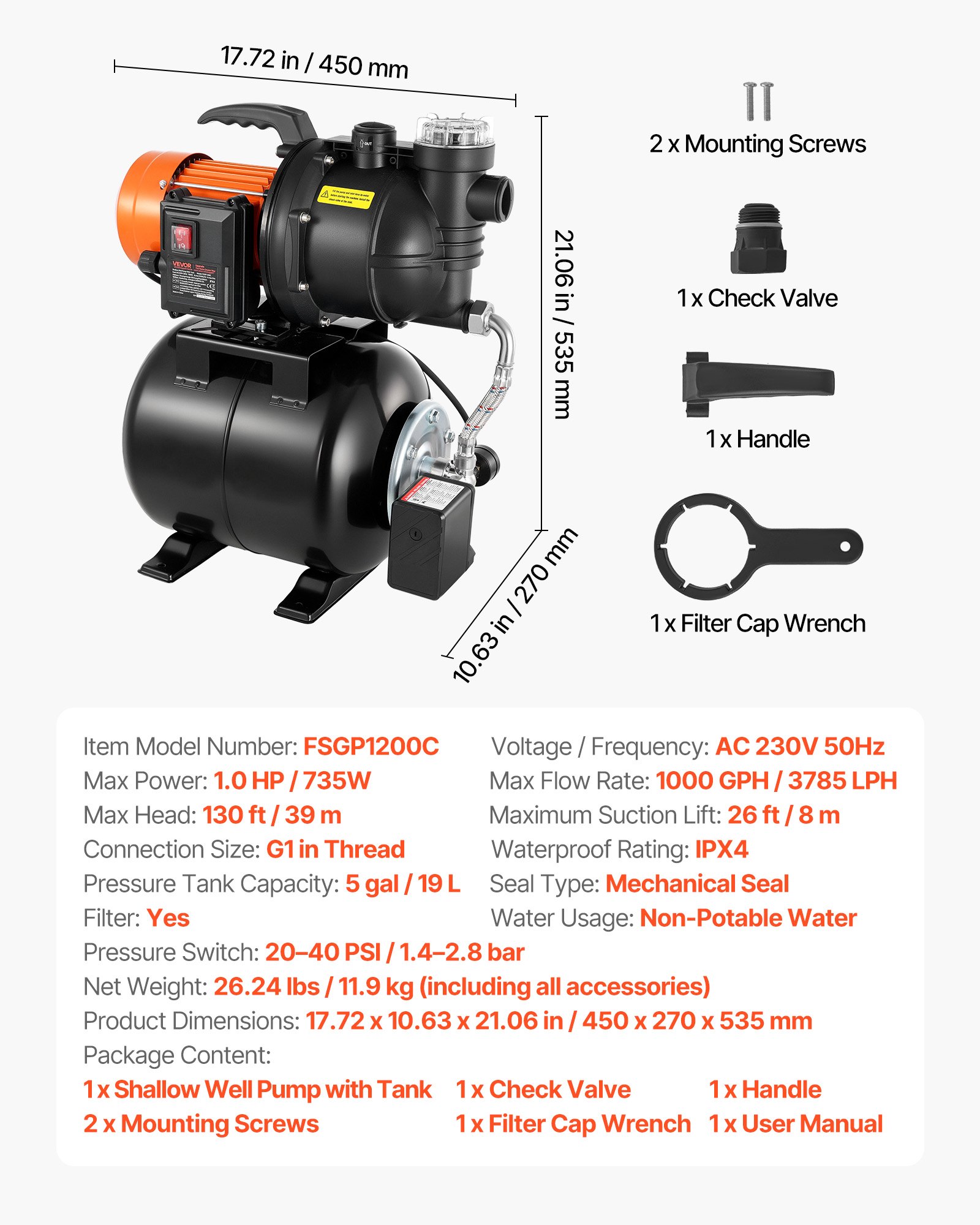 VEVOR 735W Shallow Well Pump with Pressure Tank, 3785 LPH, Irrigation Jet Pump with 19L Tank, Filter, Check Valve, Automatic Water Booster System, 1.4-2.8 bar Pressure Switch, for Home Garden Lawn