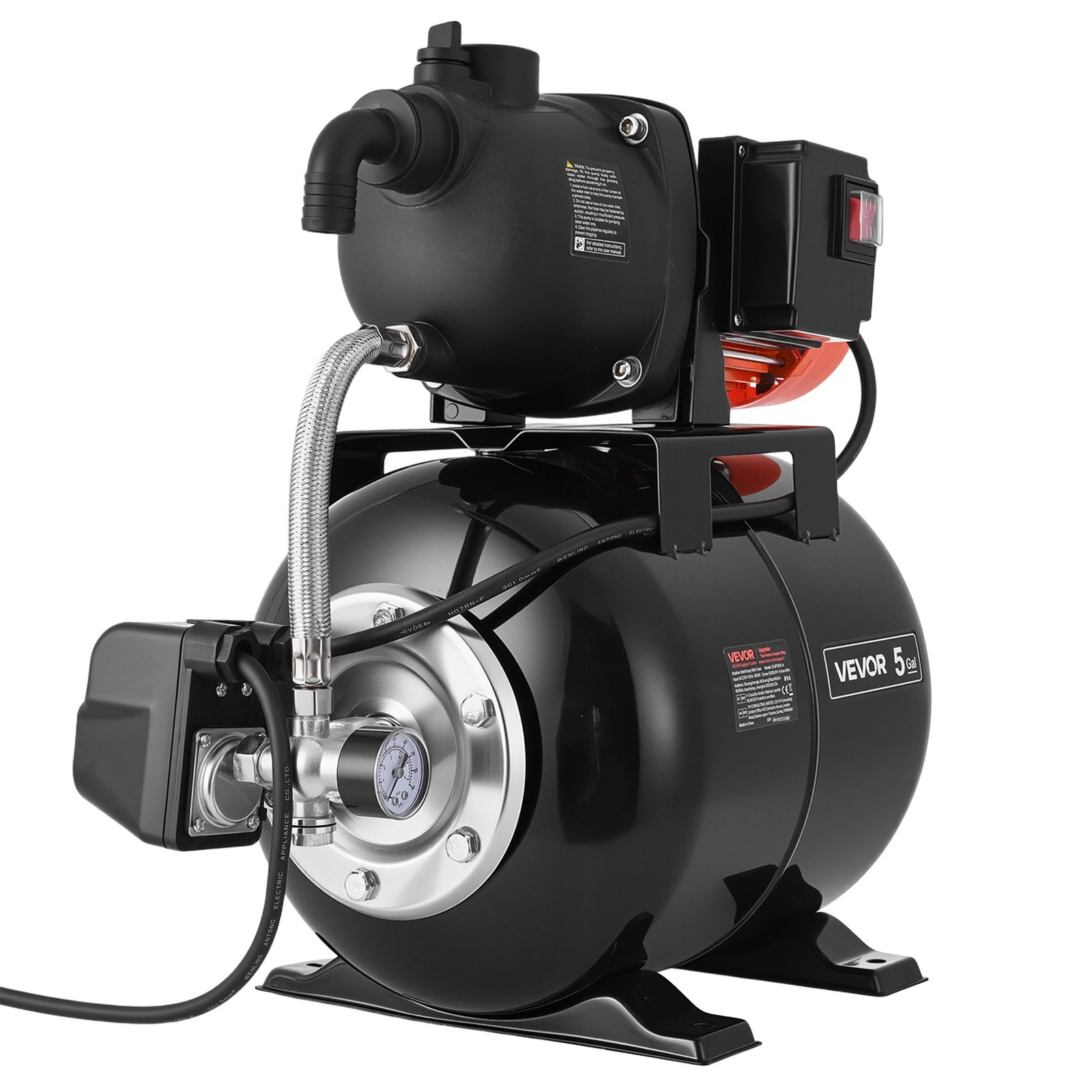 VEVOR 1.1 HP Shallow Well Pump with Pressure Tank, 230V 5000 LPH, Plastic Irrigation Jet Pump with 19 L Tank, Automatic Water Booster Transfer System, 1.4-2.8 bar Pressure Switch, for Home Garden Lawn