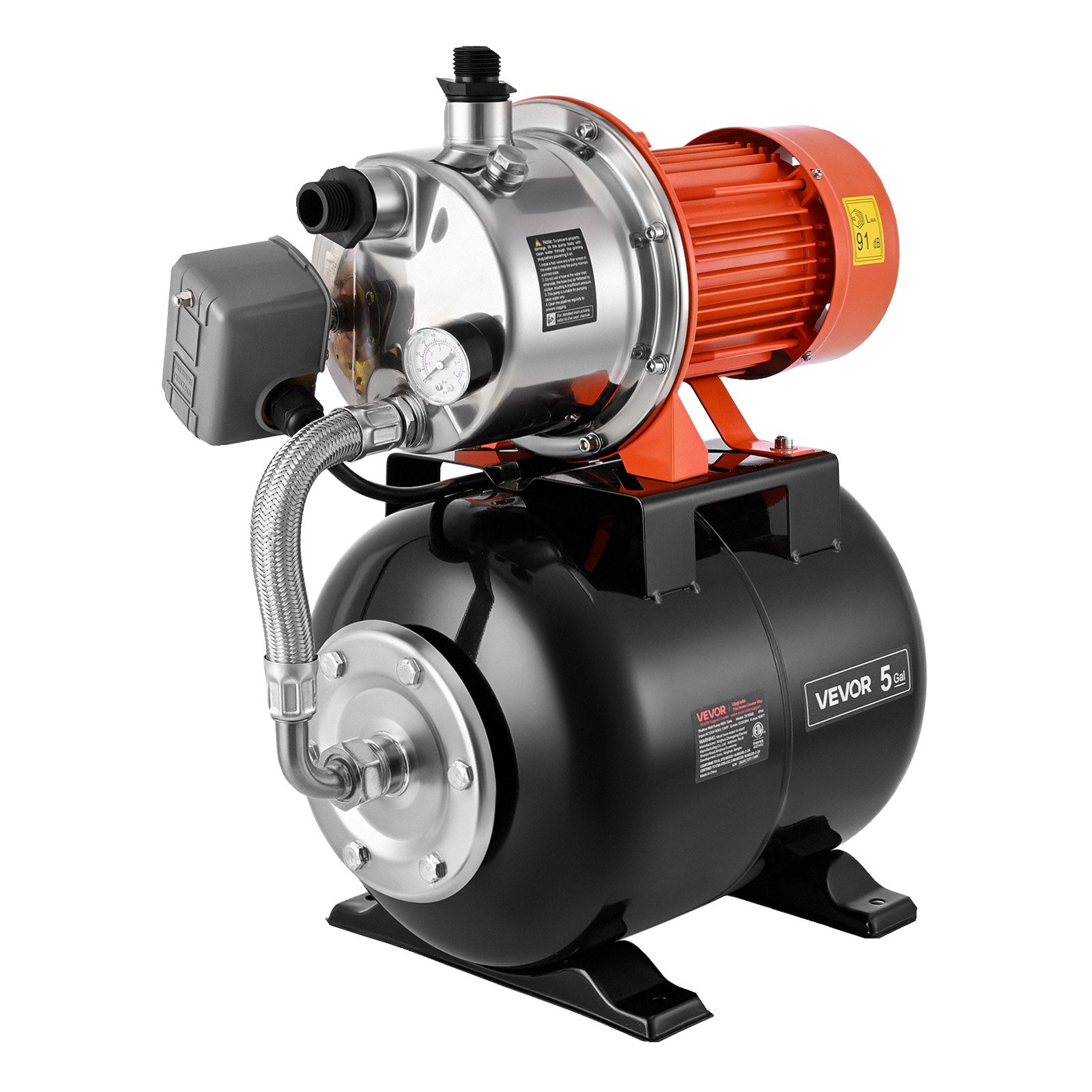 VEVOR 1.6 HP Shallow Well Pump with Pressure Tank, 230V 5000 LPH, Stainless Steel Irrigation Jet Pump with 19L Tank, Automatic Water Booster System, 1.4-2.8 bar Pressure Switch, for Home Garden Lawn