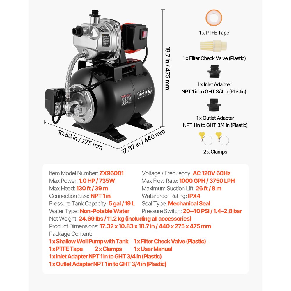 VEVOR 1 HP Shallow Well Pump with Pressure Tank, 120V 1000 GPH, Stainless Steel Irrigation Jet Pump with 5-Gal Tank, Automatic Water Booster System, 20/40 PSI Pressure Switch, for Home Garden Lawn