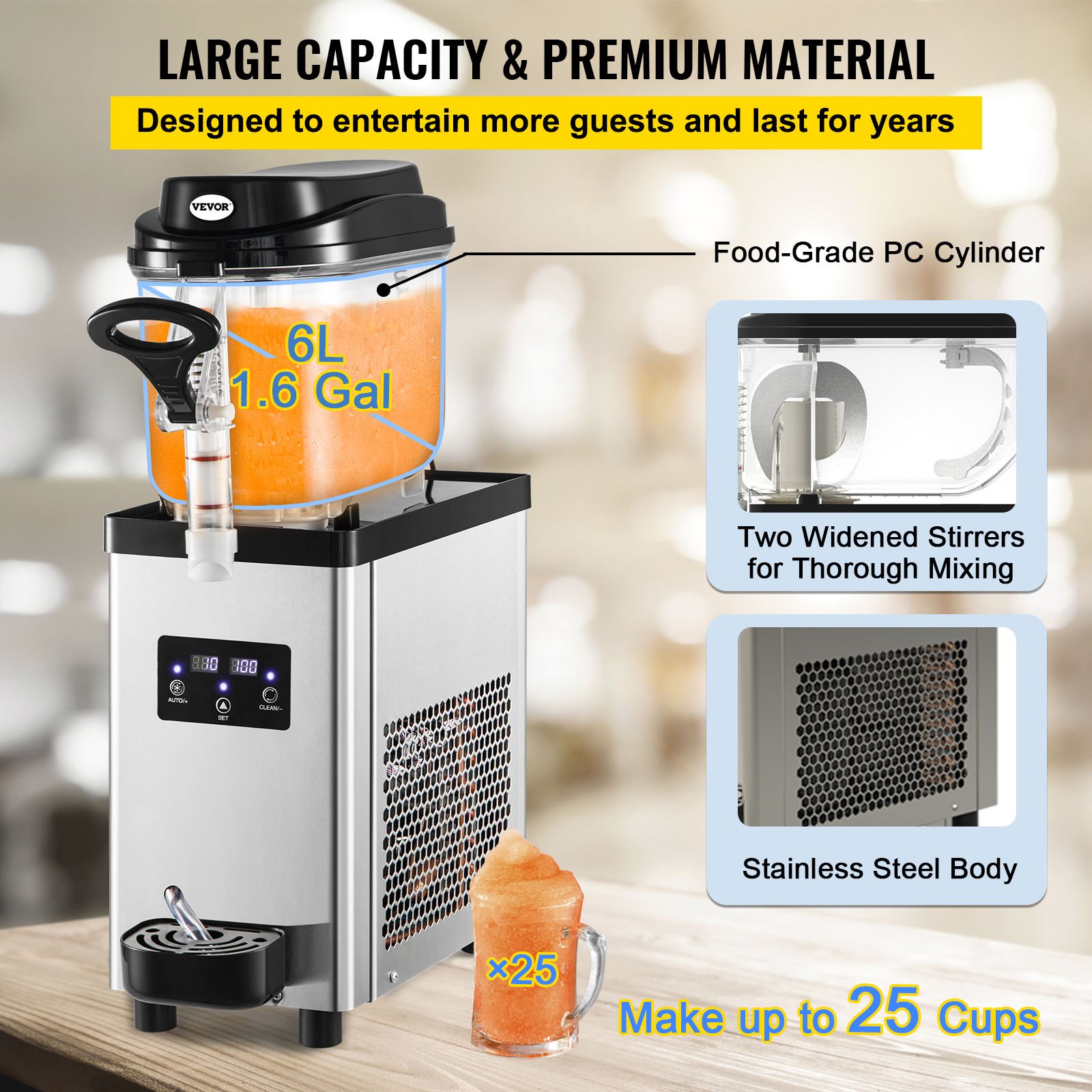 VEVOR Commercial Slushy Machine, 6L/1.6 Gallons 25 Cups Single-Bowl, 705W 220V, Stainless Steel Margarita Smoothie Frozen Drink Maker, Slushie Machine for Supermarkets Cafes Restaurants Bars Home Use