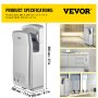 VEVOR Jet Hand Dryer Blade Hand Dryer Automatic High Speed for Washroom Silver