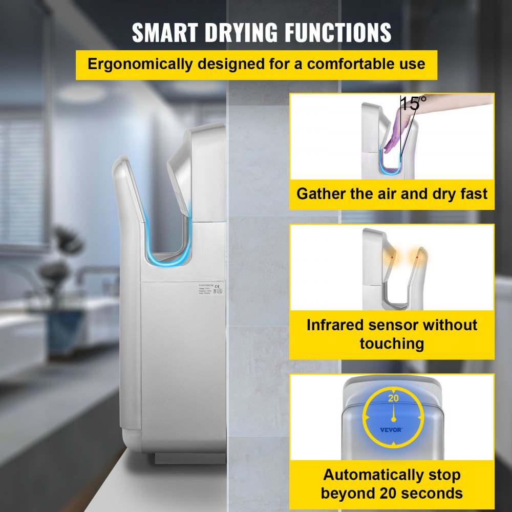 VEVOR Jet Hand Dryer, Premium Electric Commercial Blade Hand Dryer, ABS Air Dryer Hand with HEPA Filtration Wall Mount Hand Dryer, 2000W 220V Vertical Hand Dryer, High-Speed Automatic Infrared Silver