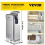 VEVOR Jet Hand Dryer, Premium Electric Commercial Blade Hand Dryer, ABS Air Dryer Hand with HEPA Filtration Wall Mount Hand Dryer, 1600W 110V Vertical Hand Dryer, High-Speed Automatic Infrared Silver