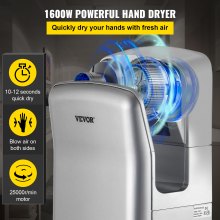 Secador de manos VEVOR Jet, secador de manos eléctrico de primera calidad, secador de aire ABS con filtración HEPA, secador de manos de montaje en pared, secador de manos vertical de 1600 W 110 V, infrarrojo automático de alta velocidad plateado
