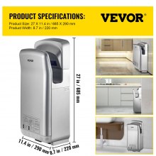 Secador de manos VEVOR Jet, secador de manos eléctrico de primera calidad, secador de aire ABS con filtración HEPA, secador de manos de montaje en pared, secador de manos vertical de 1600 W 110 V, infrarrojo automático de alta velocidad plateado