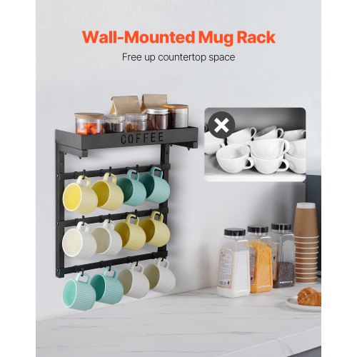 VEVOR Porte-tasses à Café 16 Crochets - Support 2 Niveaux Acier & Bois Noir Mat Pour Bar Et Cuisine
