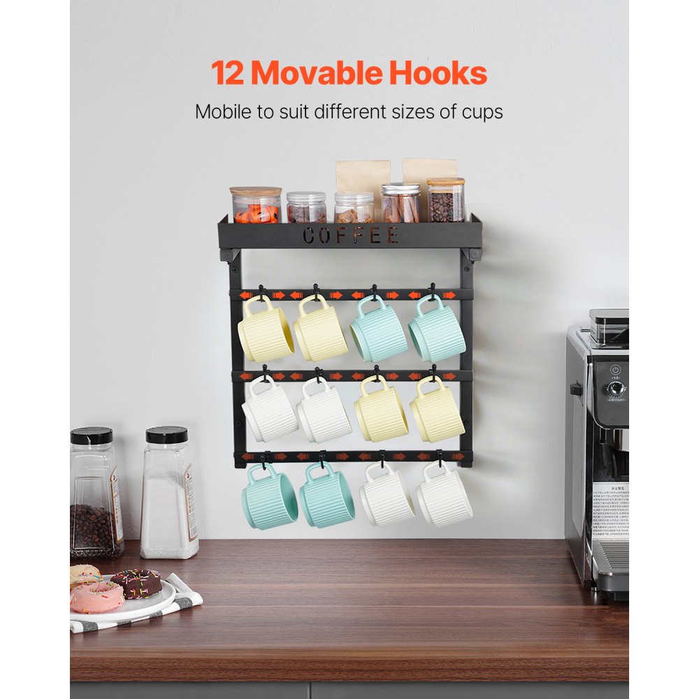 VEVOR Coffee Mug Holder Wall Mounted, 12 Movable Hooks Coffee Cup Hanger for Wall, Carbon Steel Mug Rack with Top Shelf, Coffee Bar Accessories & Organizer, Mug Display for Home Kitchen (Matte Black)