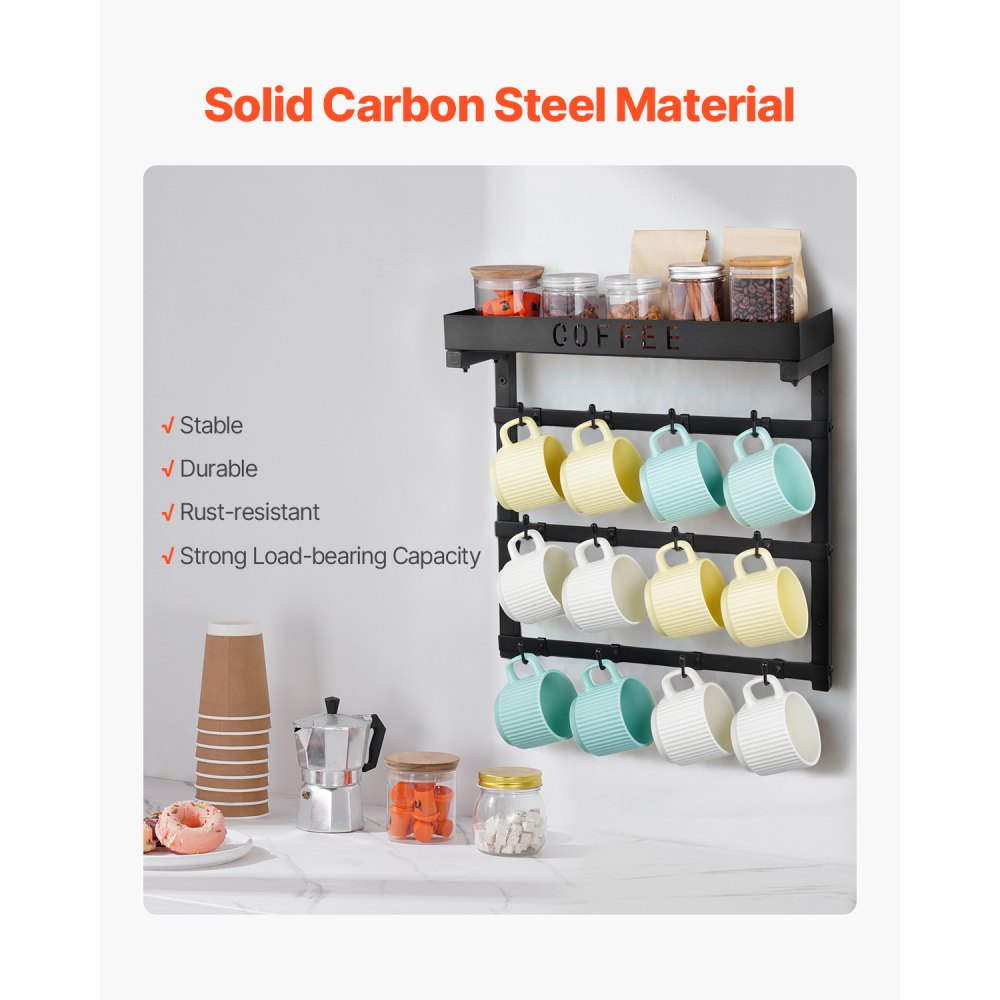 VEVOR Coffee Mug Holder Wall Mounted, 12 Movable Hooks Coffee Cup Hanger for Wall, Carbon Steel Mug Rack with Top Shelf, Coffee Bar Accessories & Organizer, Mug Display for Home Kitchen (Matte Black)