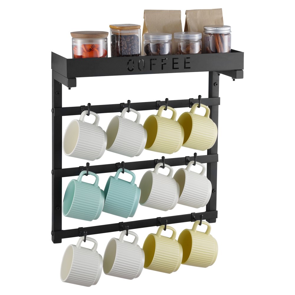 VEVOR Coffee Mug Holder Wall Mounted, 12 Movable Hooks Coffee Cup Hanger for Wall, Carbon Steel Mug Rack with Top Shelf, Coffee Bar Accessories & Organizer, Mug Display for Home Kitchen (Matte Black)
