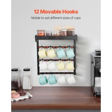 VEVOR Coffee Mug Holder Wall Mounted w/ 12 Movable Hooks and Top Shelf Cup Rack