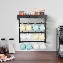 Coffee Mug Holder Wall Mounted with 12 Movable Hooks and Top Shelf Cup Rack