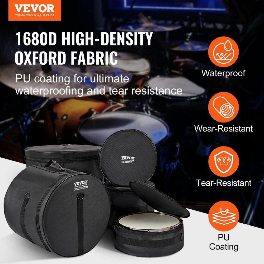 VEVOR 5-Piece Drum Bag Set, 1680D Oxford Fabric, Padded Drum Bags and Cases with 4.92 ft Detachable Shoulder Strap Carry Handles Foldable Design, for 55cm Kick 30cm Tom 33cm Tom 40cm Tom 35cm Snare