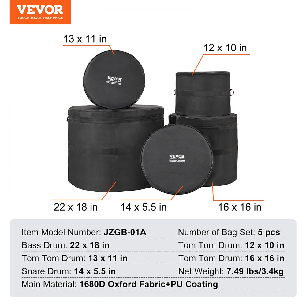 VEVOR 5-Piece Drum Bag Set, 1680D Oxford Fabric, Padded Drum Bags and Cases with 4.92 ft Detachable Shoulder Strap Carry Handles Foldable Design, for 55cm Kick 30cm Tom 33cm Tom 40cm Tom 35cm Snare