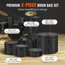 VEVOR 5-Piece Drum Bag Set, 1680D Oxford Fabric, Padded Drum Bags and Cases with 4.92 ft Detachable Shoulder Strap Carry Handles Foldable Design, for 22'' Kick 12'' Tom 13'' Tom 16'' Tom 14'' Snare