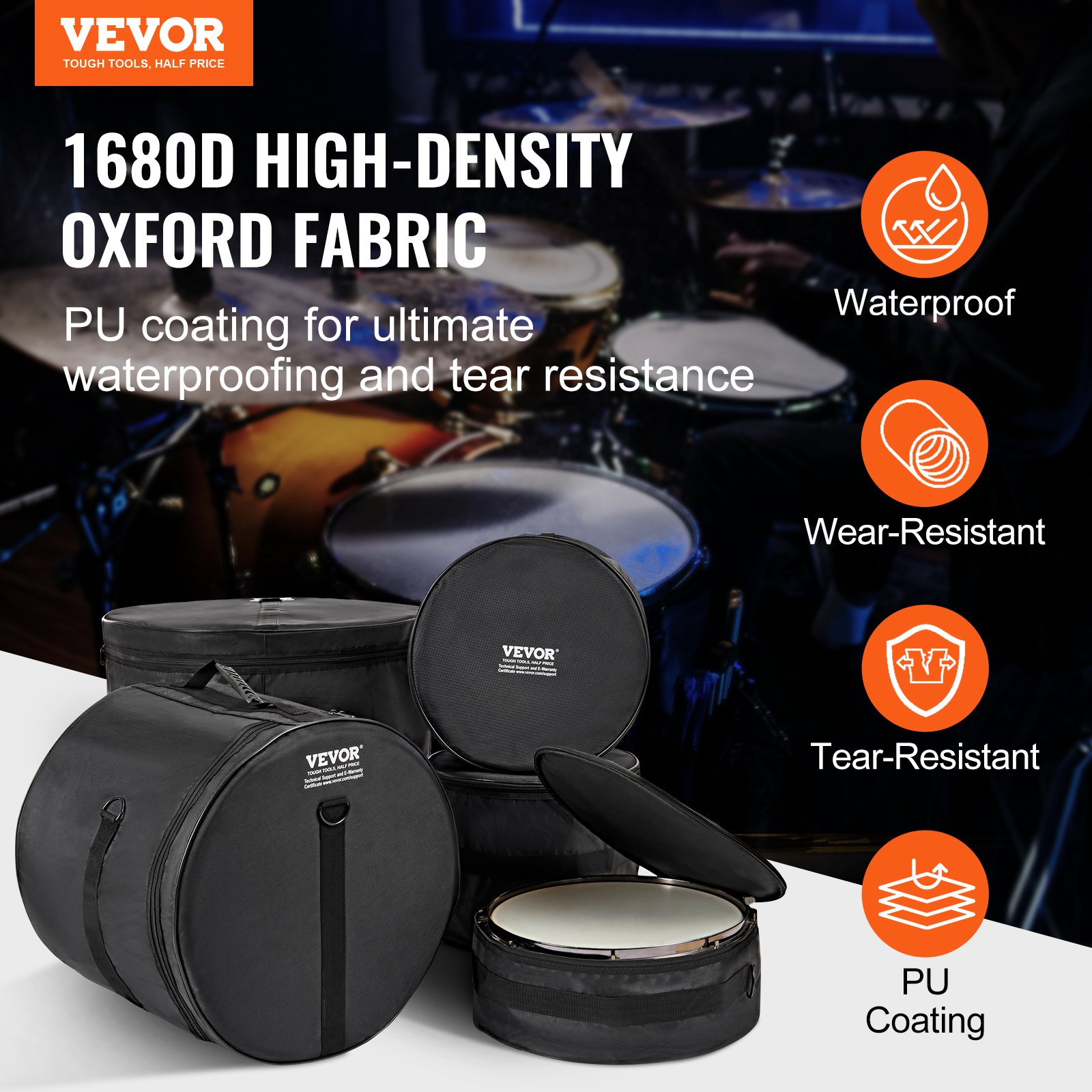 VEVOR 5-Piece Drum Bag Set, 1680D Oxford Fabric, Padded Drum Bags and Cases with 4.92 ft Detachable Shoulder Strap Carry Handles Foldable Design, for 55cm Kick 30cm Tom 33cm Tom 40cm Tom 35cm Snare