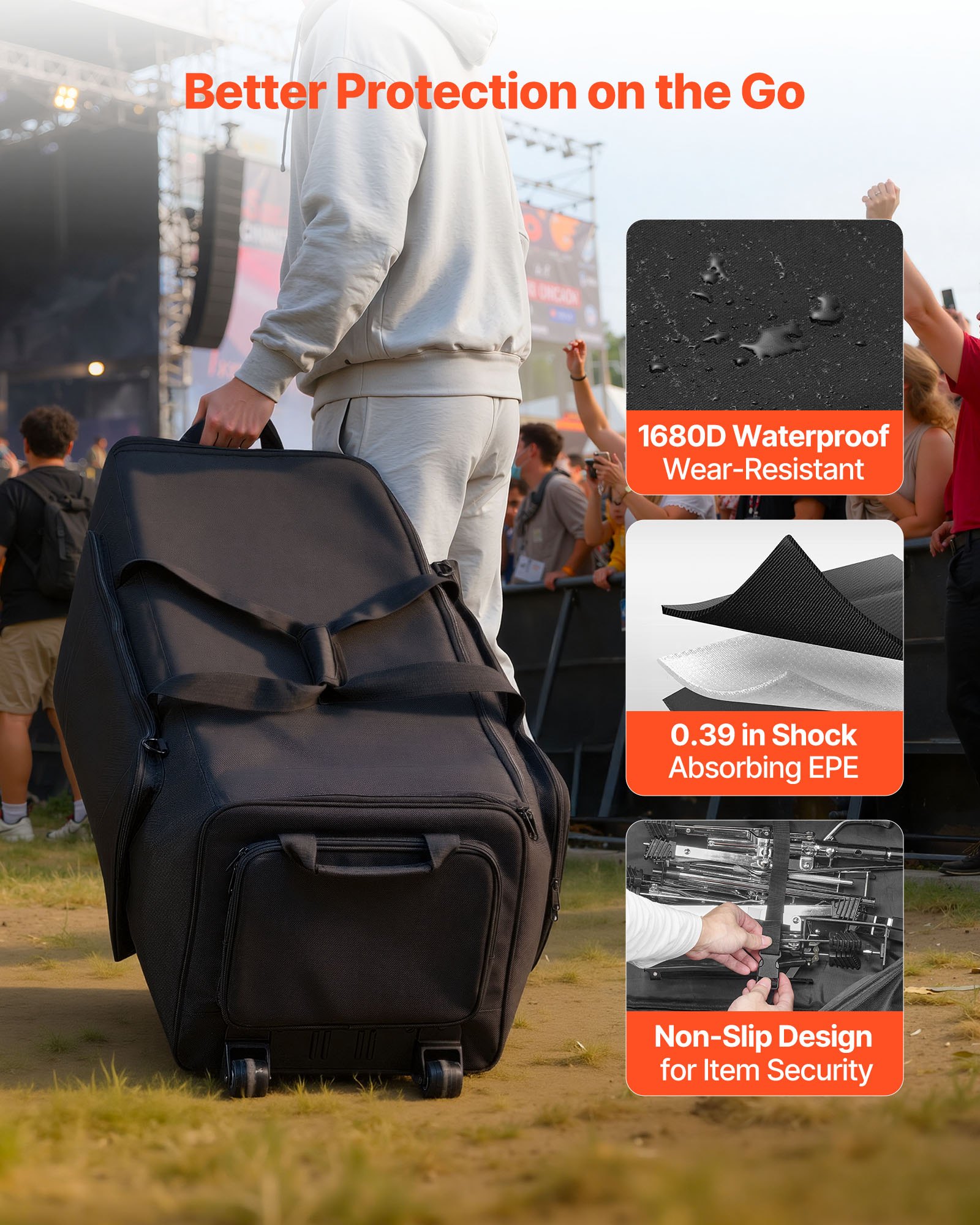 VEVOR Drum Hardware Bag with Wheels, 1680D, Drum Set Equipment Carry Bag, Carrying Case with Sturdy Handle, Durable Zipper, Smooth PVC Wheels, Multiple Pockets, for Hardware and Stand Accessory, Black