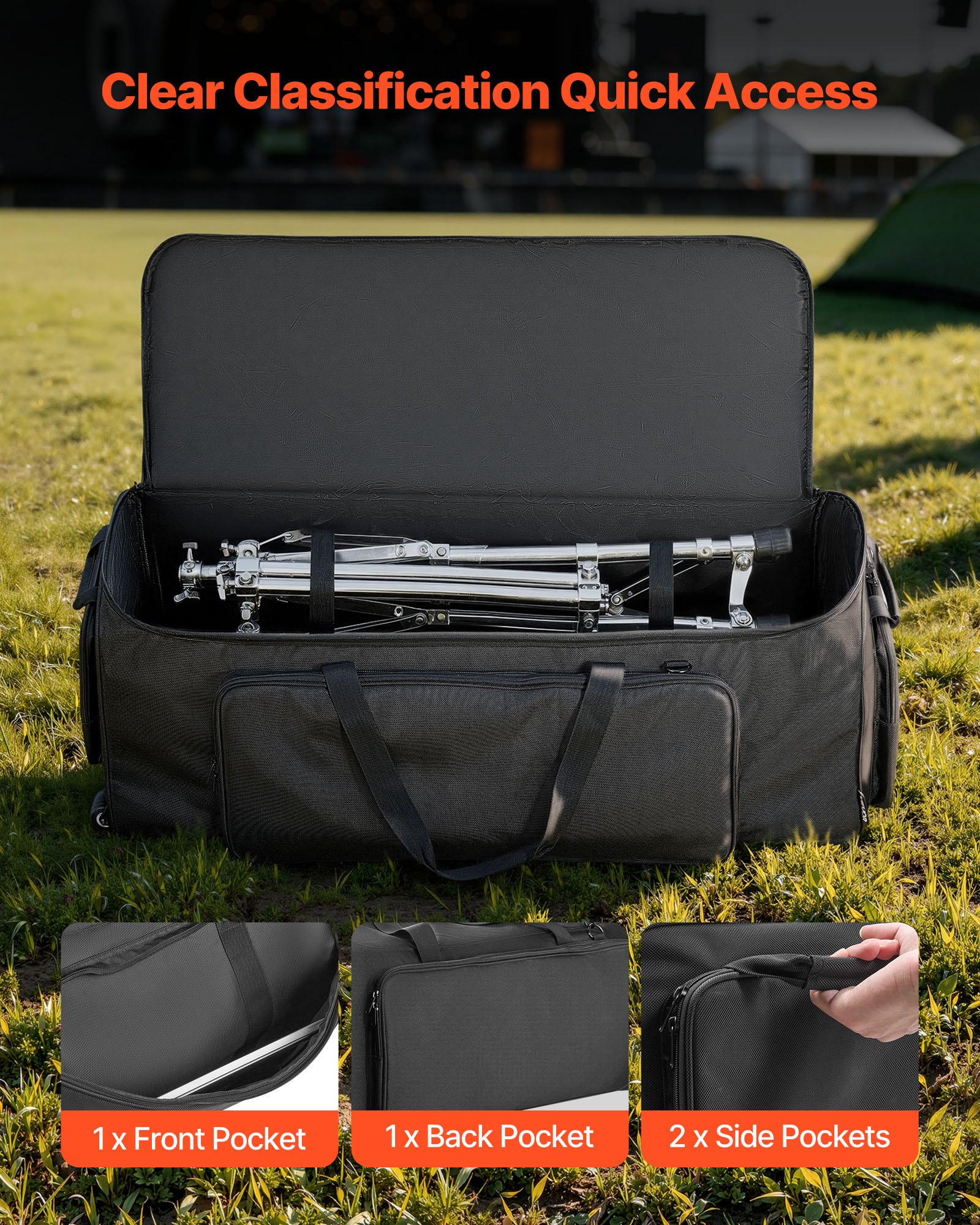 VEVOR Drum Hardware Bag with Wheels, 1680D, Drum Set Equipment Carry Bag, Carrying Case with Sturdy Handle, Durable Zipper, Smooth PVC Wheels, Multiple Pockets, for Hardware and Stand Accessory, Black