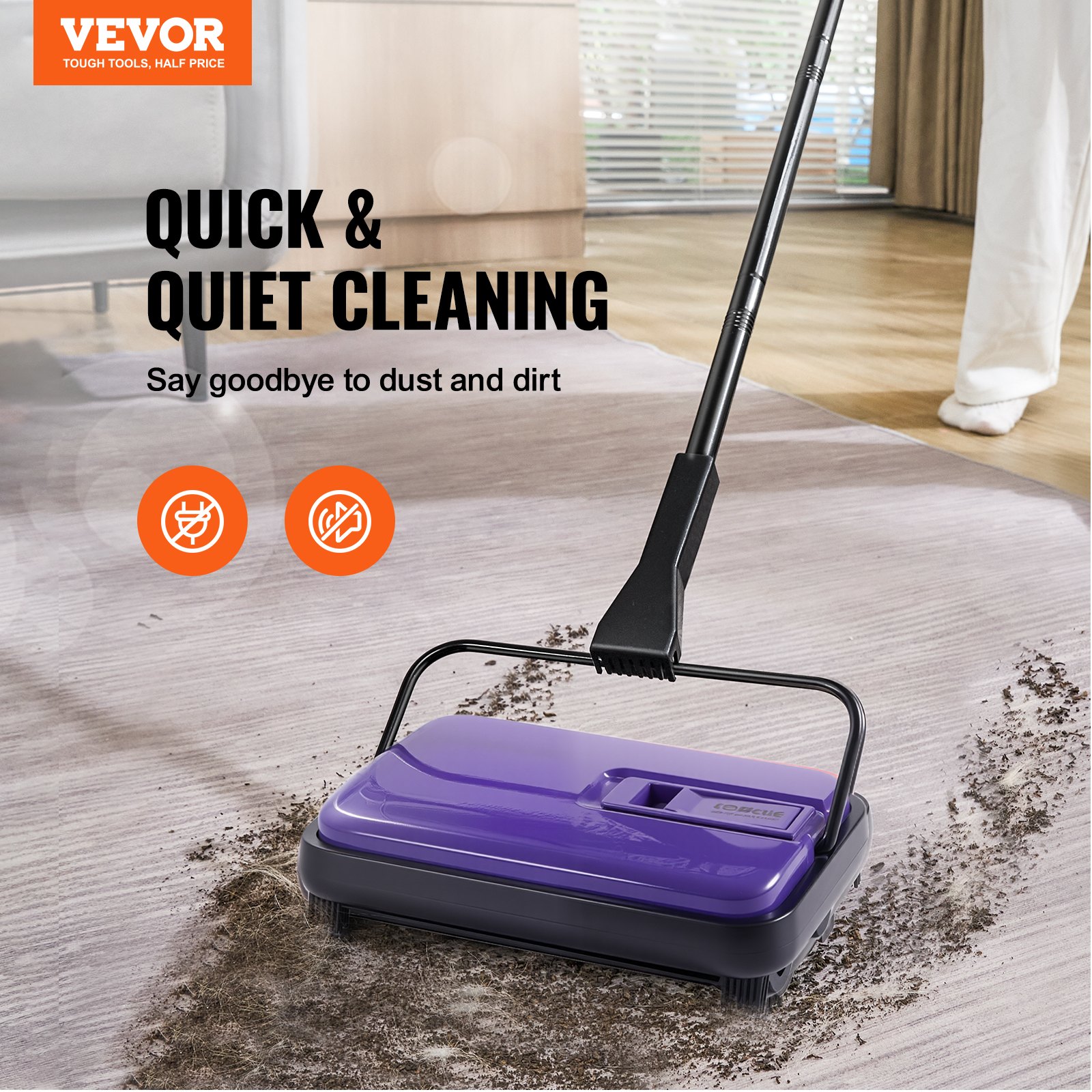 Manual de limpeza de carpetes VEVOR, varredora de pisos com capacidade para lixeira de 300 ml, fácil de esvaziar, largura de limpeza de 17 cm para carpetes de escritório doméstico, poeira de pelos de animais, roxa