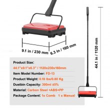 Carpet Floor Sweeper Manual 6.7 inch Width Sweeping Paths Non Electric Red
