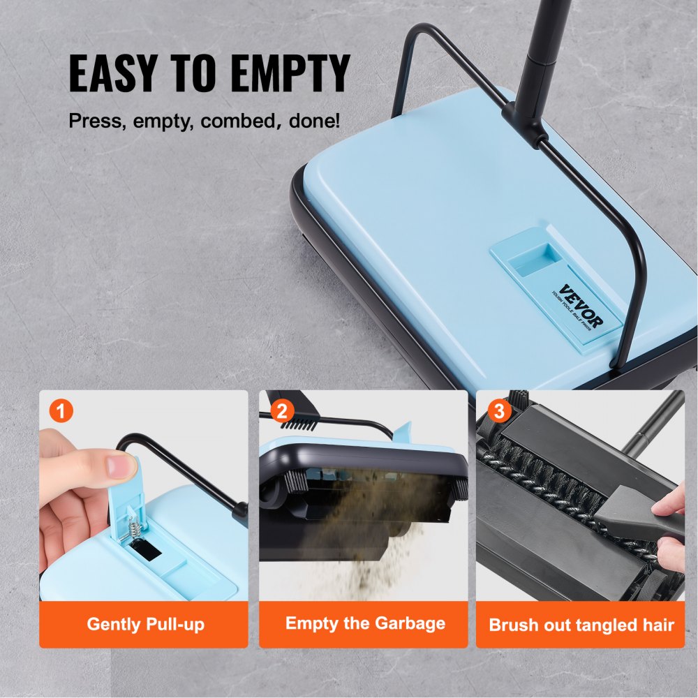 VEVOR Carpet Sweeper Manual, Floor Sweeper with 300 ml Dustbin Capacity Easy to Empty, 17 cm Cleaning Width for Home Office Carpets Pet Hair Dust, Blue