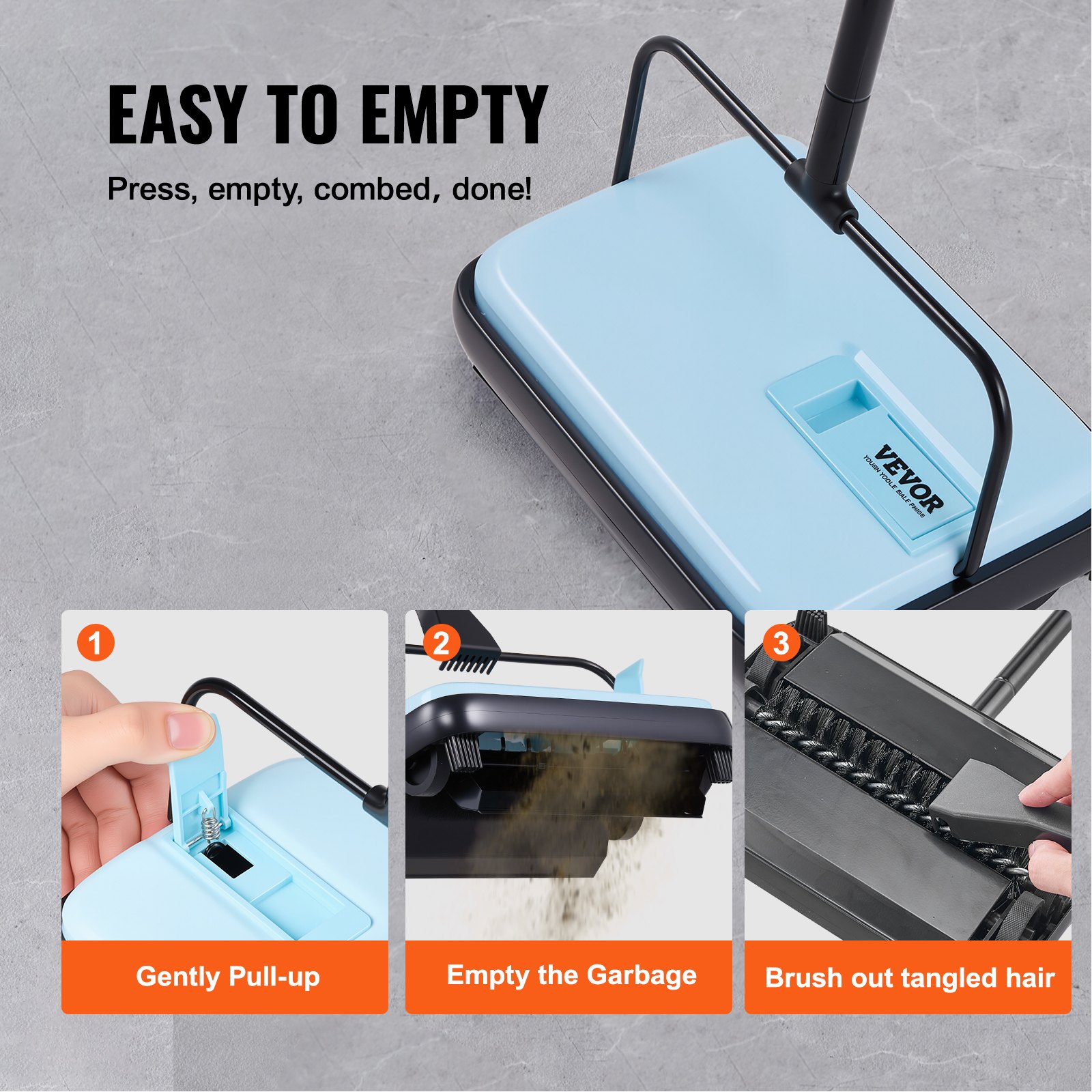 VEVOR Carpet Sweeper Manual, Floor Sweeper with 300 ml Dustbin Capacity Easy to Empty, 17 cm Cleaning Width for Home Office Carpets Pet Hair Dust, Blue