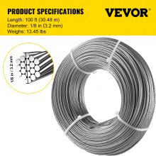 VEVOR T316 Stainless Steel Cable 3.2mmx30.5m Steel Wire Rope Cable 100FT Cable Railing for Railing Decking Aircraft(1x19)
