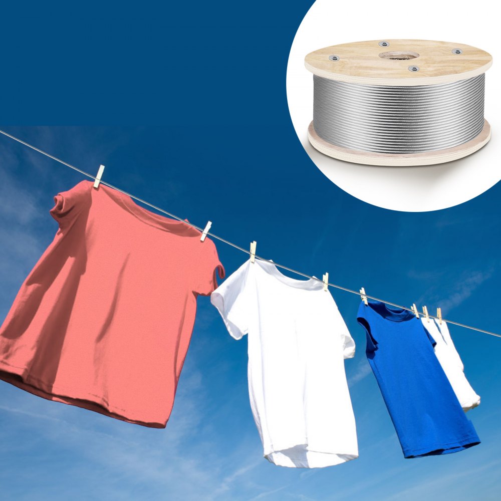 VEVOR stainless steel wire rope holding colorful clothes against a blue sky.