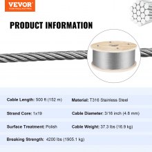 VEVOR 316 Stainless Steel Wire Rope 500ft Length, Steel Wire Cable 3/16 Inch, Steel Cable Railing Decking With 1x19 Strands Construction, 4700lbs Breaking Strength For Stair, Handrail, Clothesline