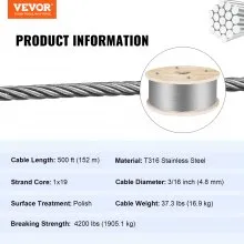 VEVOR 316 Stainless Steel Wire Rope 500ft Length, Steel Wire Cable 3/16 Inch, Steel Cable Railing Decking With 1x19 Strands Construction, 4700lbs Breaking Strength For Stair, Handrail, Clothesline