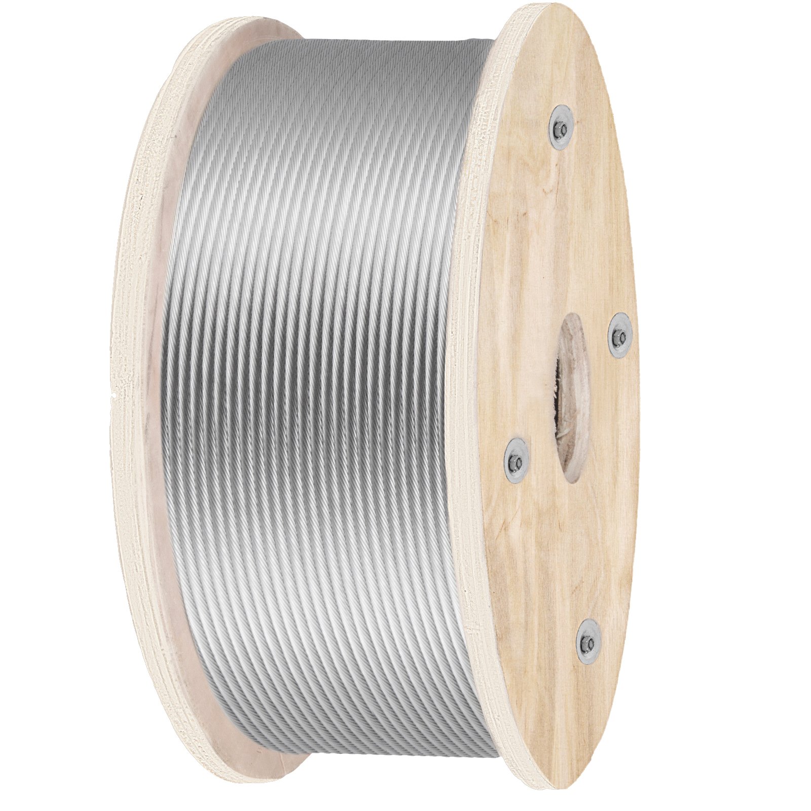 wooden spool with VEVOR stainless steel wire rope.