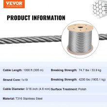 VEVOR Stainless Steel Cable 3/16"x 1000ft, T316 Marine Grade Deck Cable Railing, 1x19 Strands Construction Braided Aircraft Cable for Deck Rail String Lights Hanging Porch Fence DIY Baluster